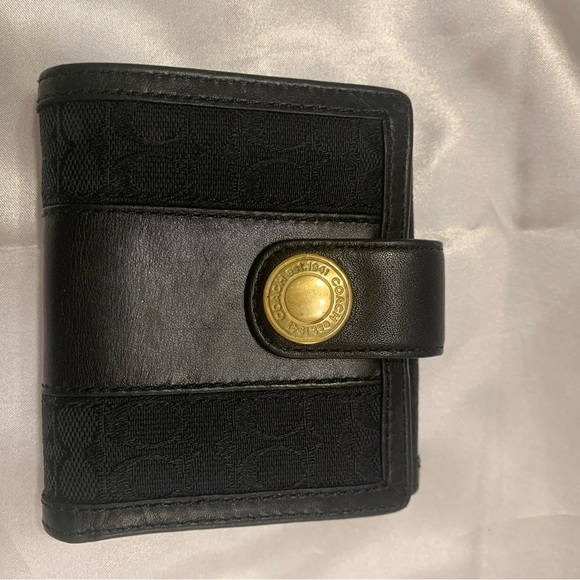 Coach Handbags - COACH JAQUARD TRIFOLD LEATHER TRIM IN BLACK WALLET GOLD ACCENT